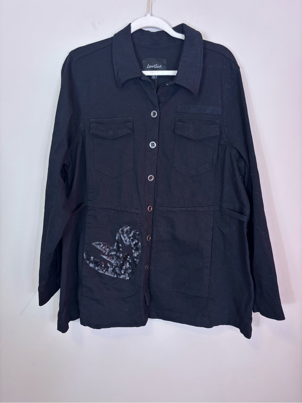 New torrid Black Button-Front Utility Jacket with Heart & Skull Sequins Appliqué